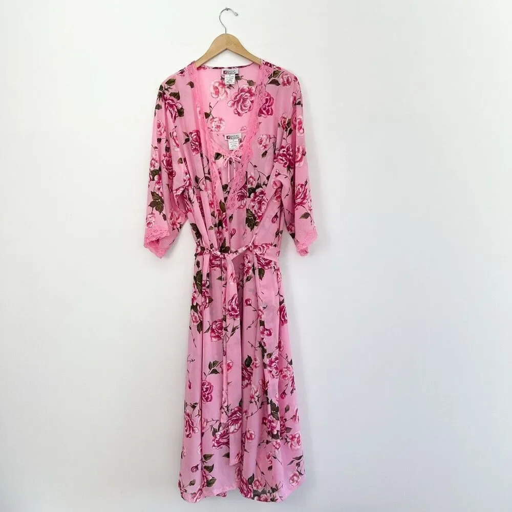 Woman Within Vintage Y2K 2 Piece Rose Printed Pink Lace Trim Slip Dress Robe Int